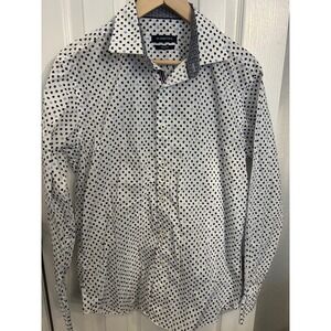 Bugatchi Mens Polka Dot Button Down Shirt Shaped Fit White Blue‎ Long Sleeve